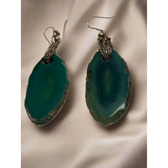 Green Agate Sliced Dangle Earrings - Picture 1 of 4